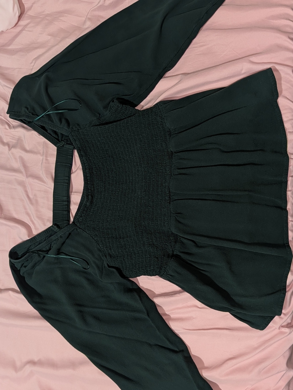 Dark Green Smocked Peplum Long-Sleeve Top
